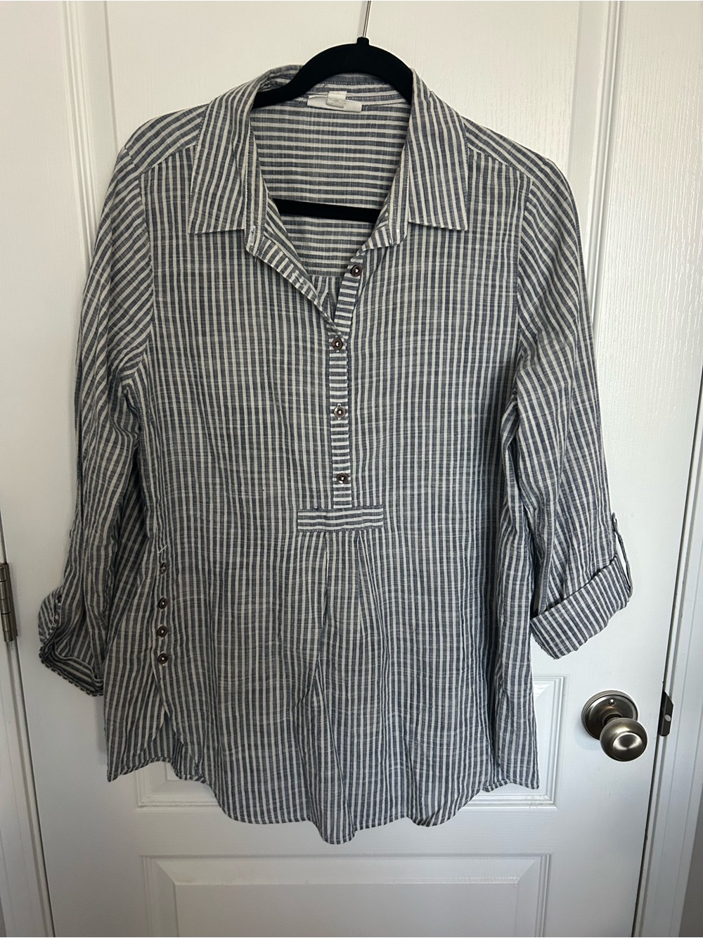 Westport Striped Button-Front Tunic in Gray and White
